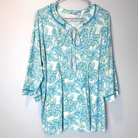 Belle by Kim Gravel Women's Size 1X Plus Pintuck Tassel Top Peacock Blue - Picture 1 of 12